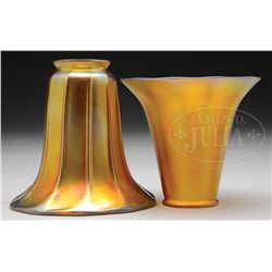 TWO GOLD IRIDESCENT ART GLASS SHADES.