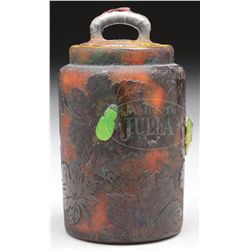 DAUM NANCY APPLIED GLASS COVERED JAR.