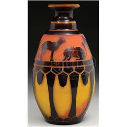 LE VERRE FRANCAIS FRENCH CAMEO CAT VASE.
