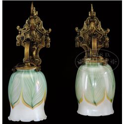 TWO SINGLE ART GLASS SHADE SCONCES.