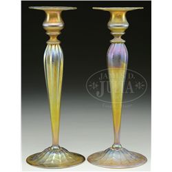 TIFFANY STUDIOS FAVRILE GLASS CANDLESTICKS.