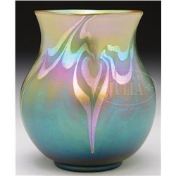 TIFFANY GREEN FAVRILE DECORATED VASE.