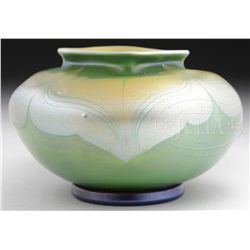 TIFFANY GREEN FAVRILE DECORATED VASE.