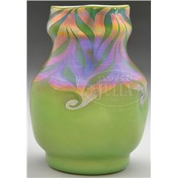 TIFFANY GREEN DECORATED VASE.