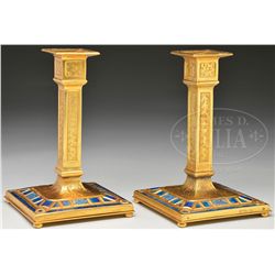 PAIR TIFFANY FURNACES ART DECO CANDLESTICKS.