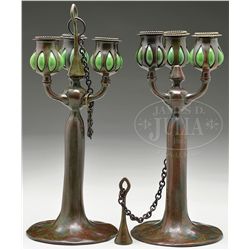 PAIR OF TIFFANY STUDIOS 3-ARM CANDELABRAS.