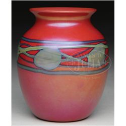 TIFFANY STUDIOS RED DECORATED VASE.