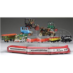 LOT OF 11 TRAINS & JALOPY TOYS.