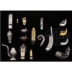 LOT OF 19 ANTIQUE METAL WHISTLES.