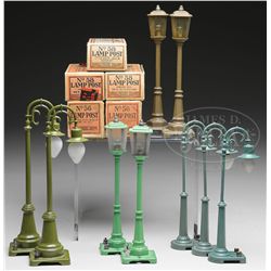 NINE LIONEL LAMPS, 5 WITH O/B.