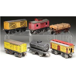 LOT OF SIX IVES TRAIN CARS.
