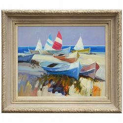 "BOATS ON THE BEACH" - ORIGINAL OIL ON CANVAS