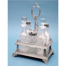 An Elkington & Co. plated cruet stand fitted with a set of 6 cut glass condiments £100-150...
