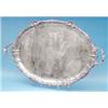 Image 1 : A George V silver tray of oval form with pie crust scroll border and loop handles, 30ins. Sheffie...