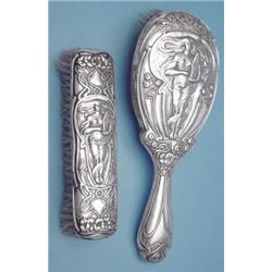 An Edwardian Art Nouveau silver hair brush decorated with a maiden holding a harp and a matching...