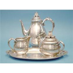 A stylish Danish 3 piece silver coffee set, maker C.C. Hermann, together with a similar tray date...
