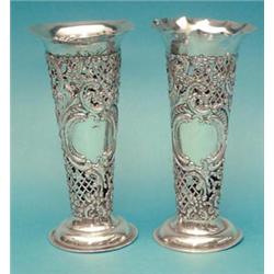 A pair of late Victorian pierced silver trumpet vases, 1 with frosted glass liner, maker William...