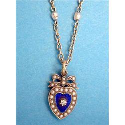 A small gold blue enamelled heart shaped pendant with tied ribbon surmount set split pearls and a...