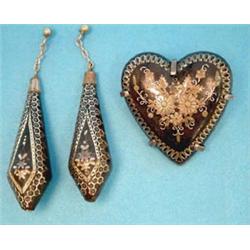 A pair of Victorian tortoiseshell pique drop earrings, together with a similar heart shaped brooc...