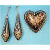 Image 1 : A pair of Victorian tortoiseshell pique drop earrings, together with a similar heart shaped brooc...
