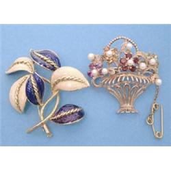 A 9ct gold flower basket brooch set semi-precious gemstones and cultured pearls, together with a...