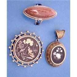 A Victorian Shakudo work circular brooch worked iris and waterlilies, in a beaded gold frame, a d...