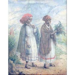 Frederick Timpson I'ons (1802-1887 South African) oil on panel, Two Xhosa Women, 14ins x 10.75ins...