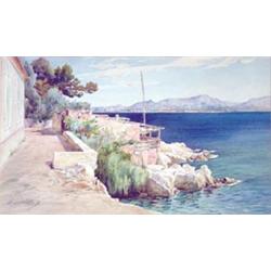 Ernest Louis Lessieux (1848-1925) French, watercolour, Fishermans cottages on the Italian coast,...