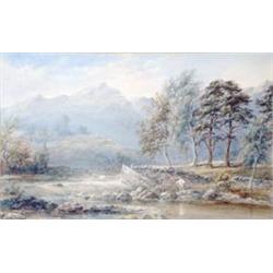 Nineteenth century English School, watercolour, Angler in a landscape, mountains beyond, 9.5ins x...