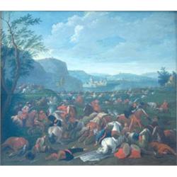 Circle of Barend Van Kalraet (1649-1737), Dutch, oil on wooden panel, Battle between the Turks an...