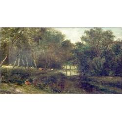 Adam Barland (fl.1843-1875) oil on canvas, Figures and cattle beside a river, signed and dated 18...