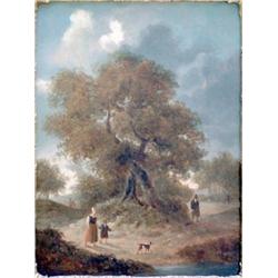 Late 18th century Continental School, oil on oak panel, travellers on a rural path, 12ins x 9.5in...