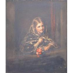 Samuel Baruch Halle (1824-1889) French, oil on board, Girl at a window with lace shawl, holding a...