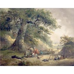 After Morland, oil on canvas, Gypsy encampment beside woodland, signed J.Hana and bearing date 17...