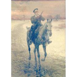 Jan Van Chelminski (1851-1925) Polish, oil on canvas, Soldier on horseback, lighting his pipe in...