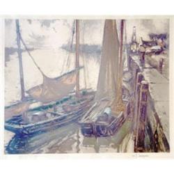 Ferdinand-Jean Luigini (1870-1943) French, coloured print, sailing barges beside a wharf, signed...