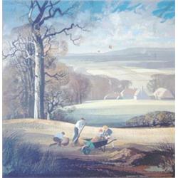Rowland Hilder (1905-1993) gouache, Figures sweeping leaves in an extensive landscape, signed, 19...