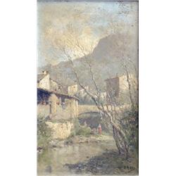 Attributed to Rudolf Ribarz (1848-1904) Austrian, oil on board, Italian town with figures beside...