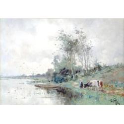 Willem C, Rip (1856-1922) Dutch, watercolour, Cattle beside a canal, signed, 9.5ins x 13.5ins £50...
