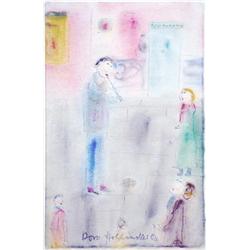 Dora Holzhandler (1928-), watercolour and ink, busker in a street, signed and dated (19)84, 14.75...