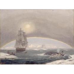 Thomas Luny (1759-1837), oil on wooden panel, whalers harpooning a whale, amongst ice floes, sign...