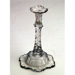 Late 18th Century style glass candlestick standing on facet cut pillar and petal shaped domed foo...