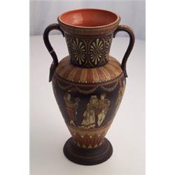 Pair of Mettlach two handled vases decorated with renaissance style figures in the Etruscan palle...