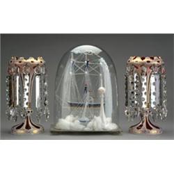 Pair of 19th Century Bohemian ruby and white overlay glass lustre drop vases with gilded foliate...