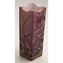 Pair of late 19th Century rectangular shaped glass vases with enamelled foliate and butterfly dec...