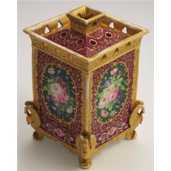 19th Century Continental porcelain square shaped pot-pourri, the domed cover with apertures, the...