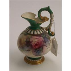 Early 20th Century James Hadley of Worcester ewer with painted decoration of roses and other flow...