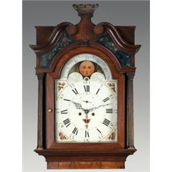 George III mahogany longcase clock, the hood with broken arch moulding above blue and gilt painte...