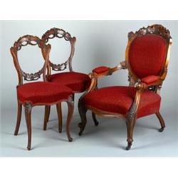 Victorian nine piece walnut framed drawing room suite comprising scroll end chaise longue with ca...