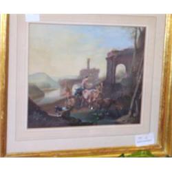 Italian School - Early 19th Century gouache - Landscape with ruins and a family herding cattle an...